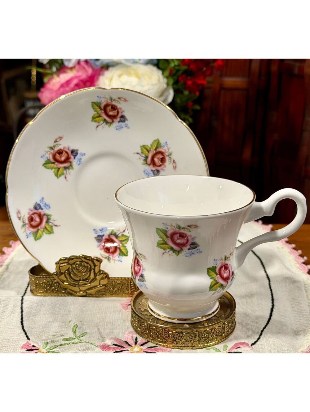 Royal Grafton Gainsborough Pink Rose China Teacup Saucer Set England c.1957-1960
